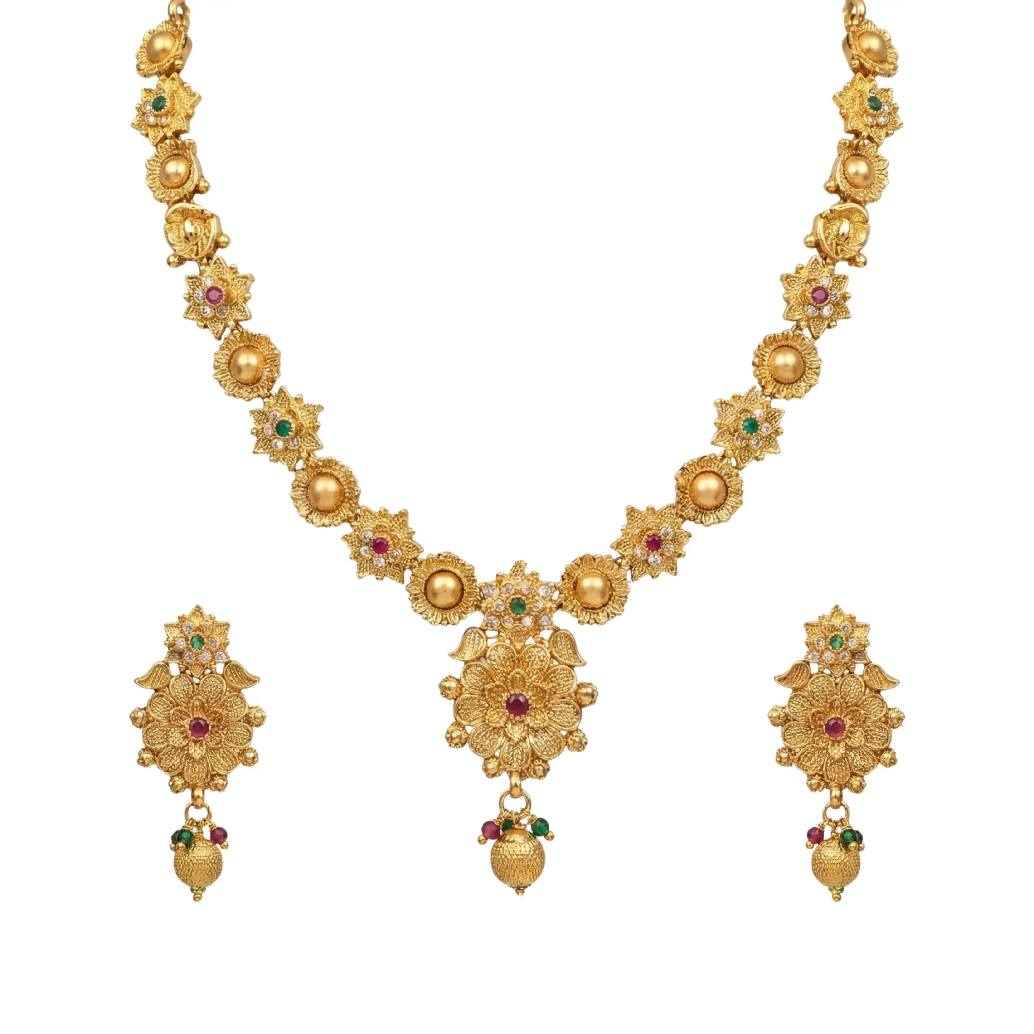 Gold Floral Short Necklace Set with Earrings
