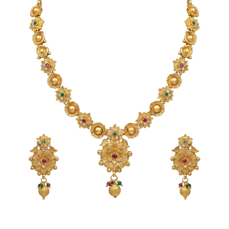 Gold Floral Short Necklace Set with Earrings
