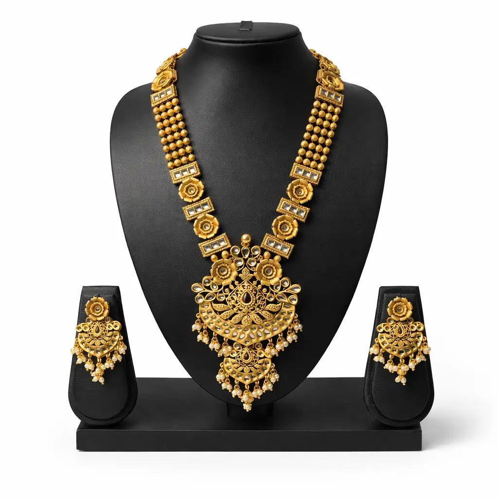 Gold Lakshmi Temple Long Haram Necklace Set with Earrings