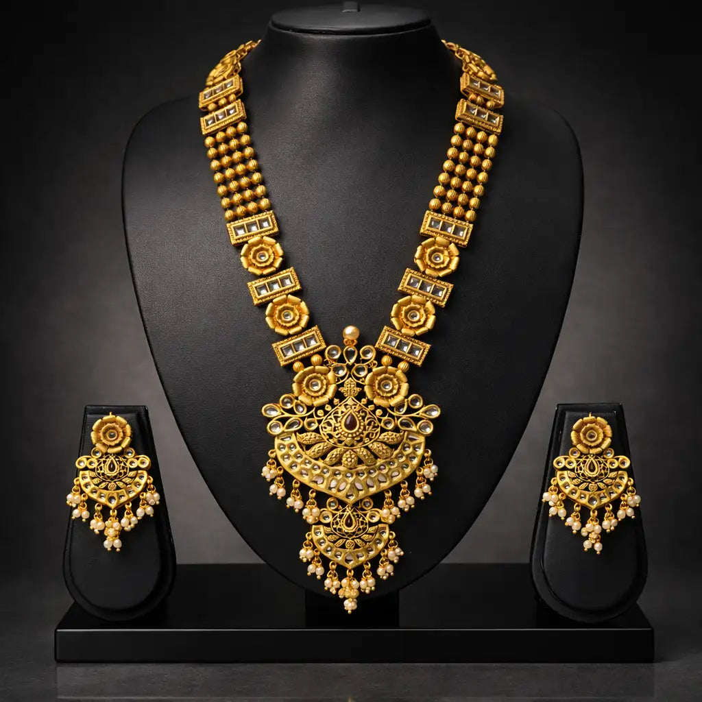 Gold Lakshmi Temple Long Haram Necklace Set with Earrings