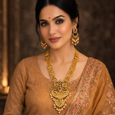 Gold Lakshmi Temple Long Haram Necklace Set with Earrings