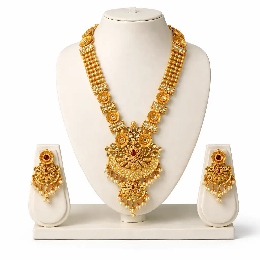Gold Lakshmi Temple Long Haram Necklace Set with Earrings