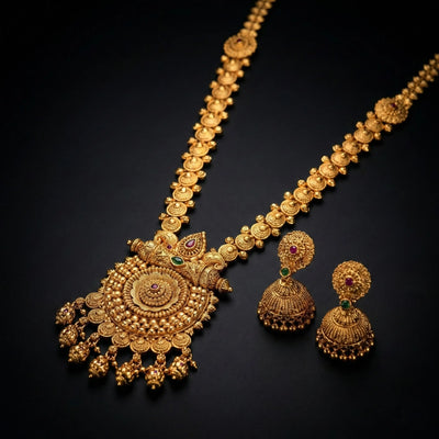 Gold Traditional Long Haram Necklace Set with Earrings