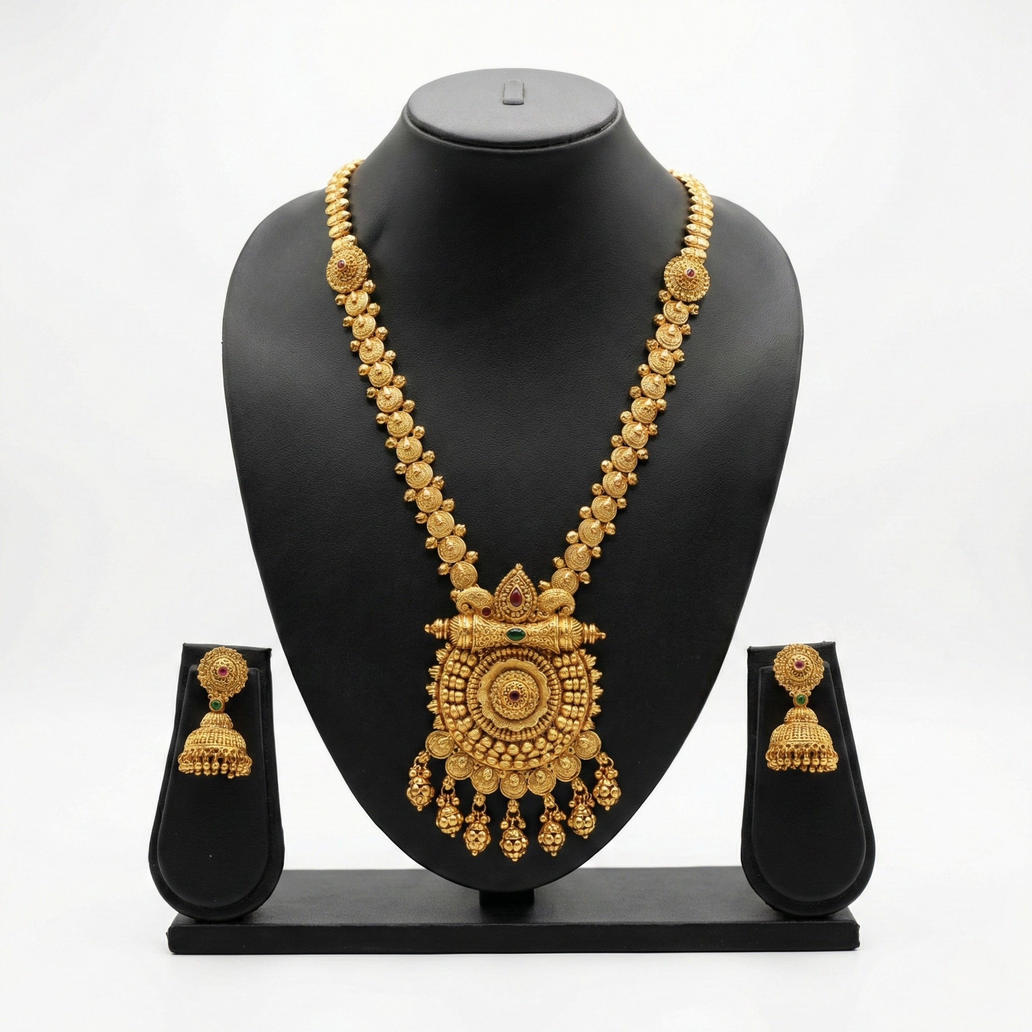 Gold Traditional Long Haram Necklace Set with Earrings