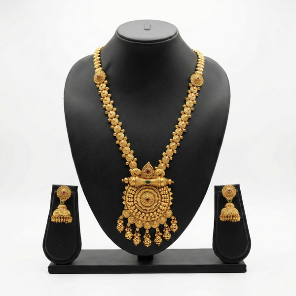 Gold Traditional Long Haram Necklace Set with Earrings