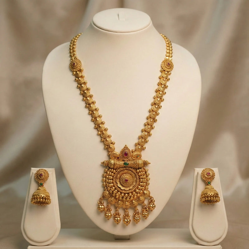 Gold Traditional Long Haram Necklace Set with Earrings