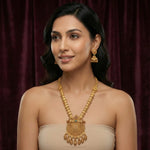 Gold Traditional Long Haram Necklace Set with Earrings