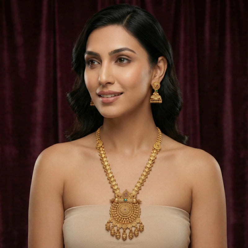 Gold Traditional Long Haram Necklace Set with Earrings