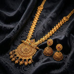 Gold Traditional Long Haram Necklace Set with Earrings