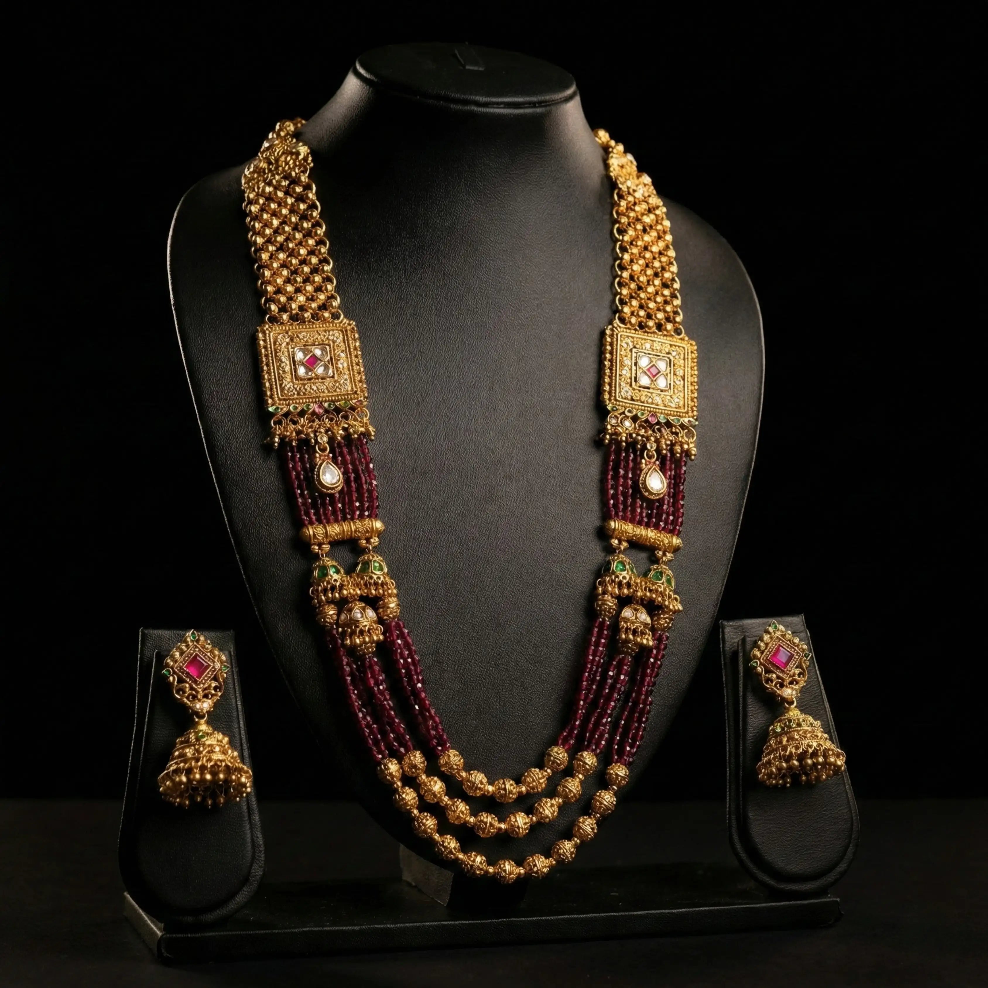 Gold Matte Finish Long Necklace Set with Jhumka Earrings