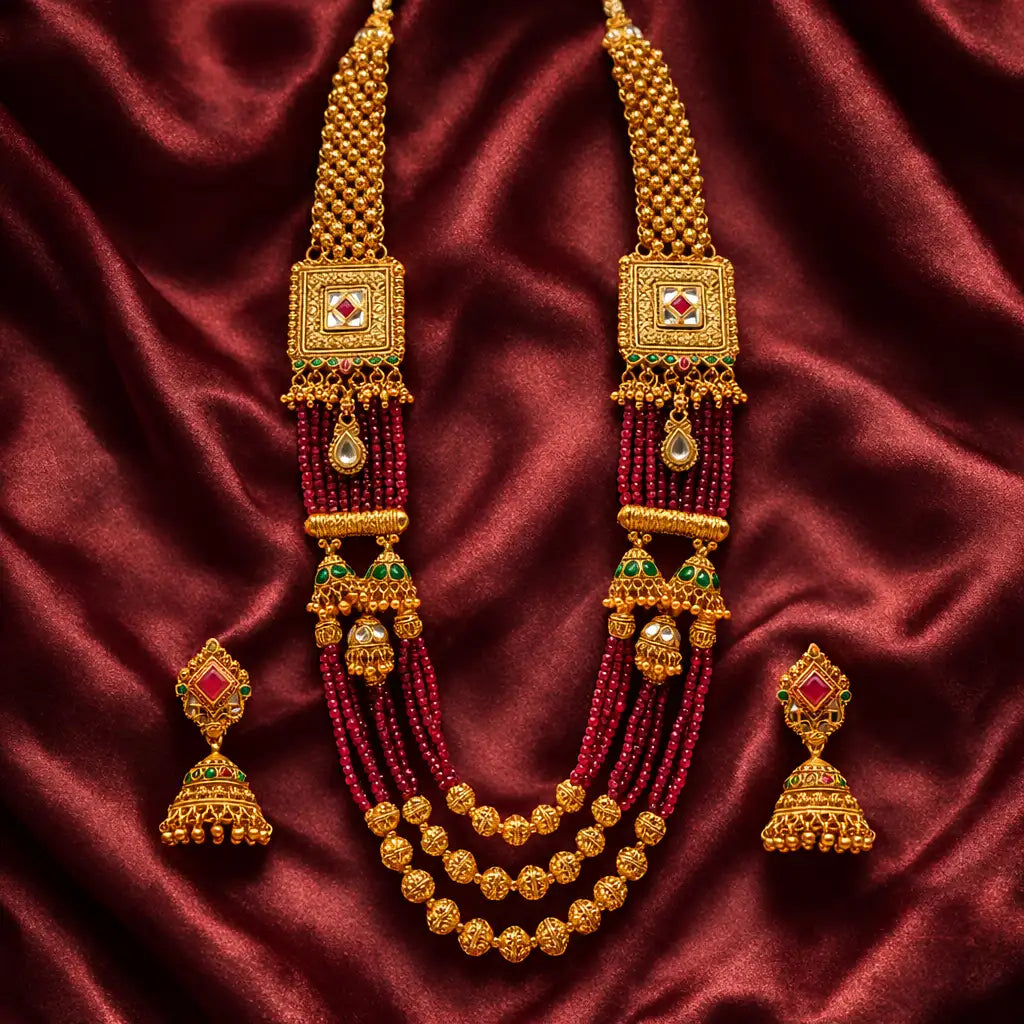 Gold Matte Finish Long Necklace Set with Jhumka Earrings