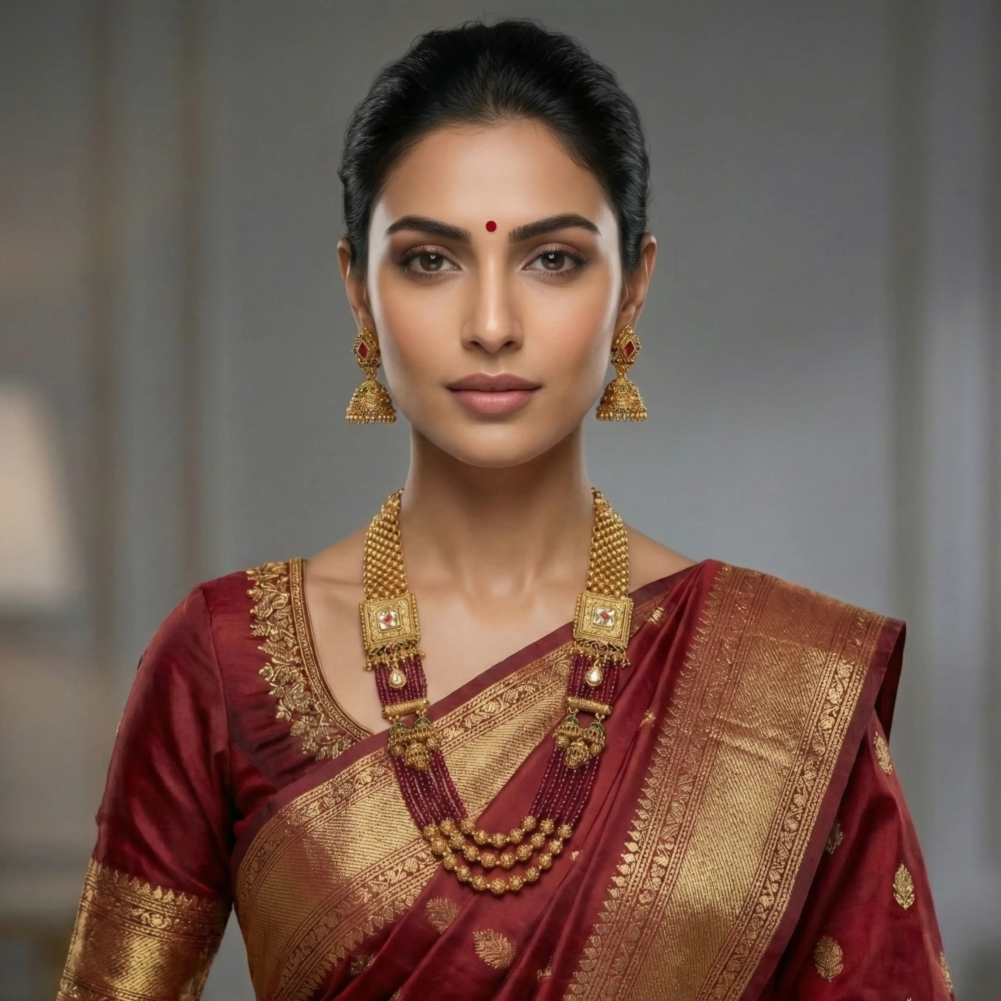 Gold Matte Finish Long Necklace Set with Jhumka Earrings