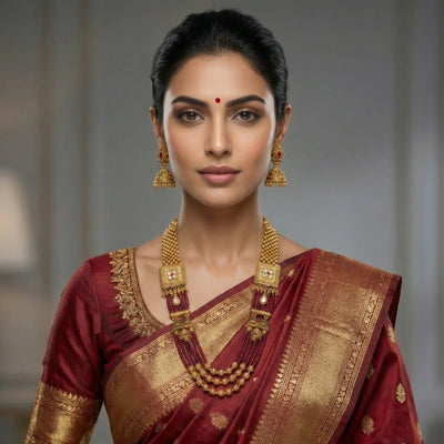 Gold Matte Finish Long Necklace Set with Jhumka Earrings