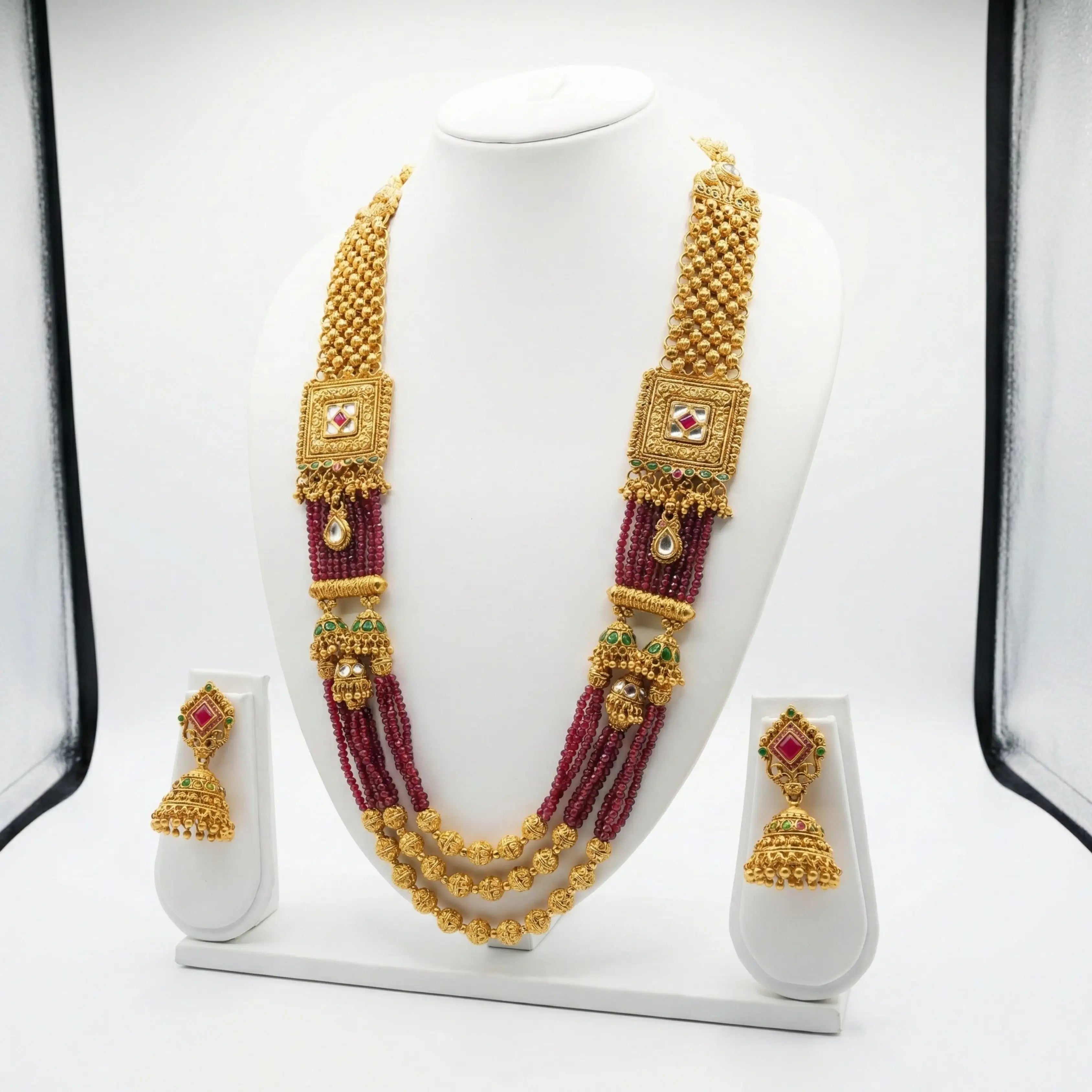 Gold Matte Finish Long Necklace Set with Jhumka Earrings
