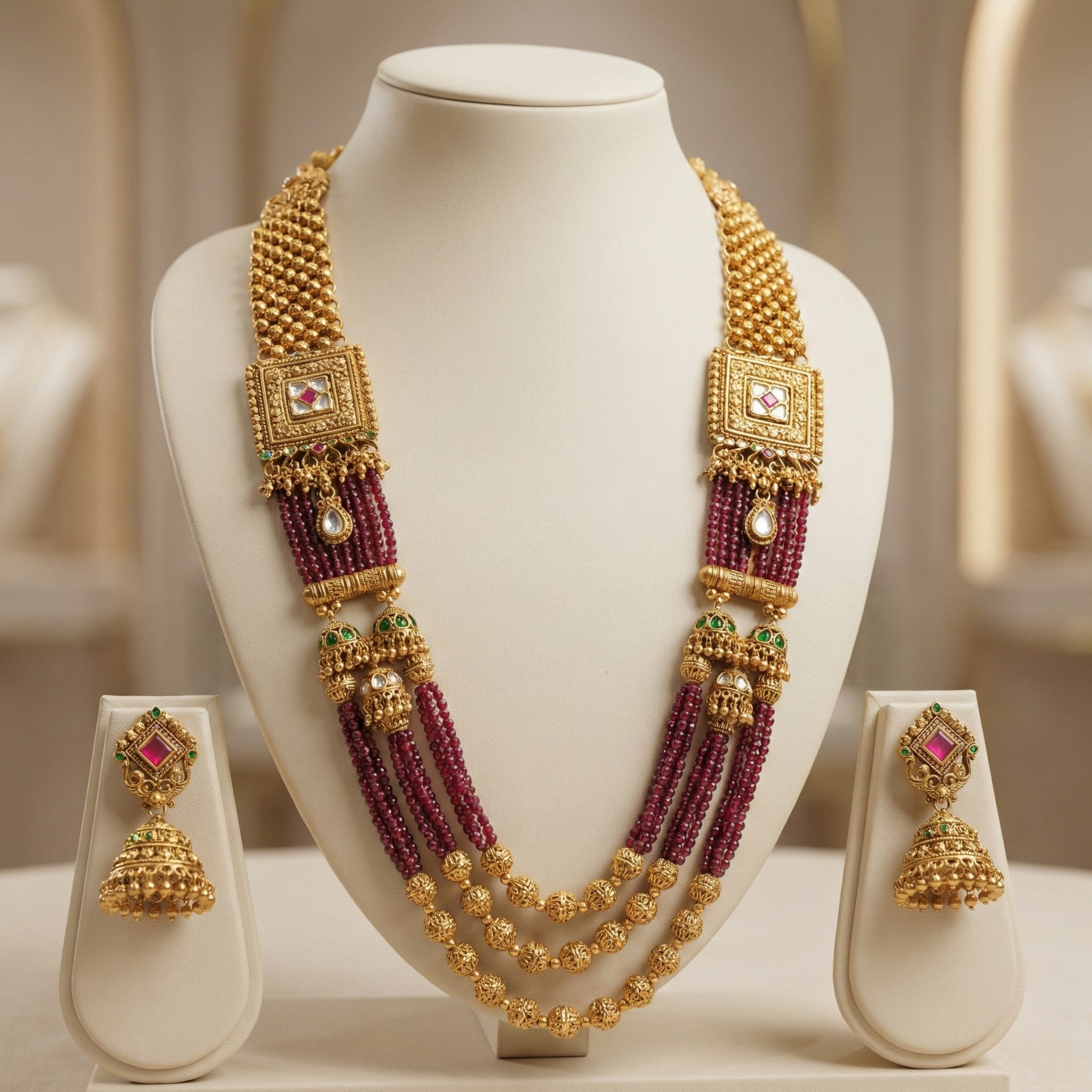 Gold Matte Finish Long Necklace Set with Jhumka Earrings