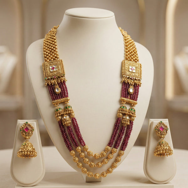 Gold Matte Finish Long Necklace Set with Jhumka Earrings