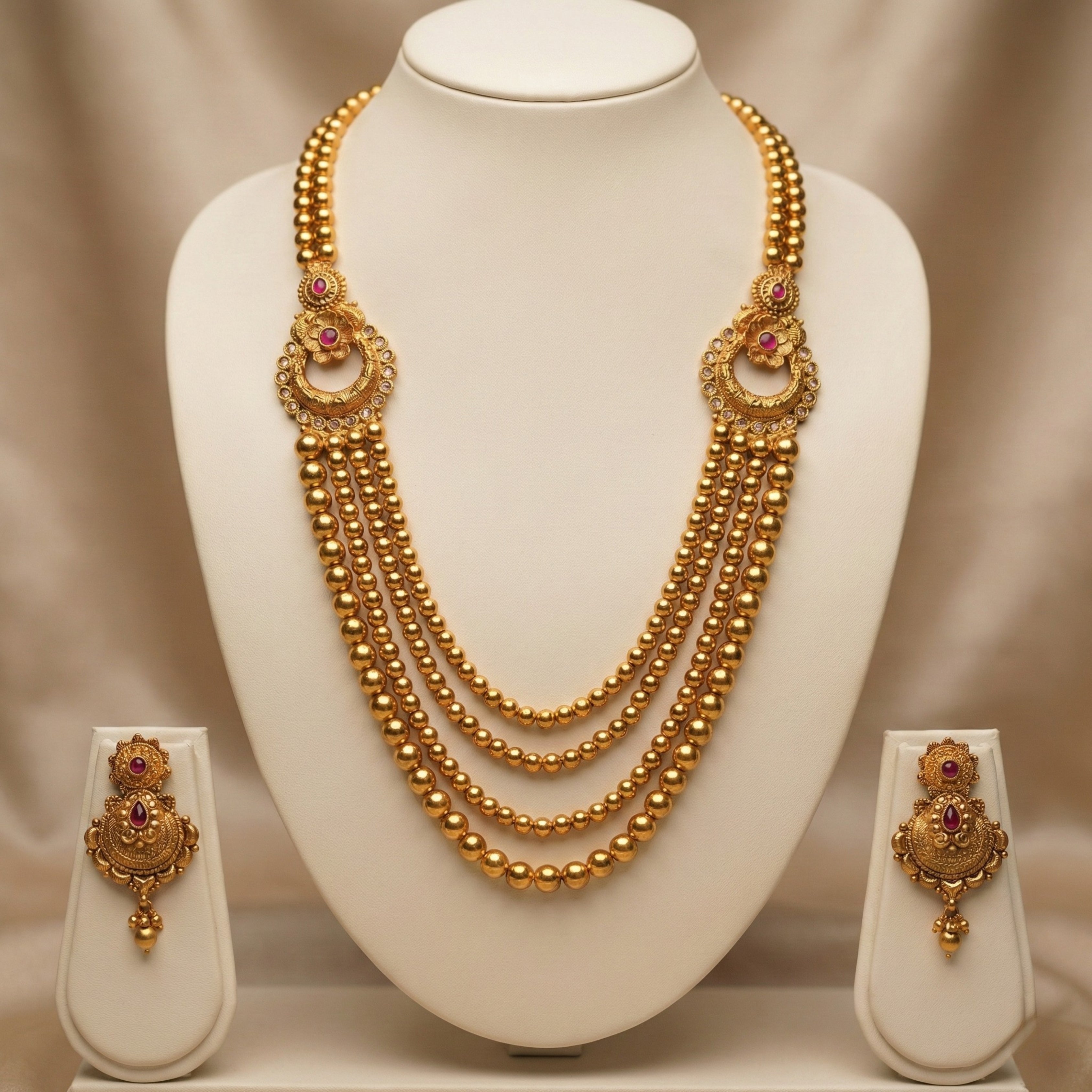 Gold Multi-Layer Bridal Haram Necklace Set with Jhumka Earrings