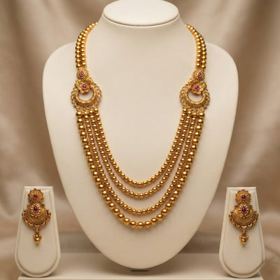 Gold Multi-Layer Bridal Haram Necklace Set with Jhumka Earrings