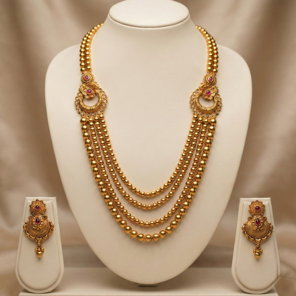 Gold Multi-Layer Bridal Haram Necklace Set with Jhumka Earrings