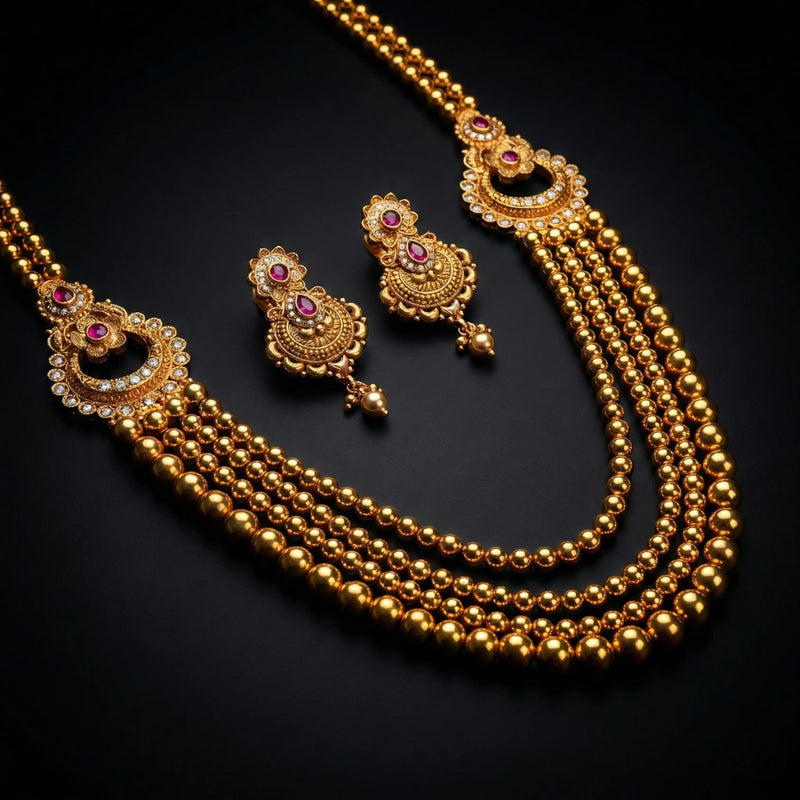 Gold Multi-Layer Bridal Haram Necklace Set with Jhumka Earrings