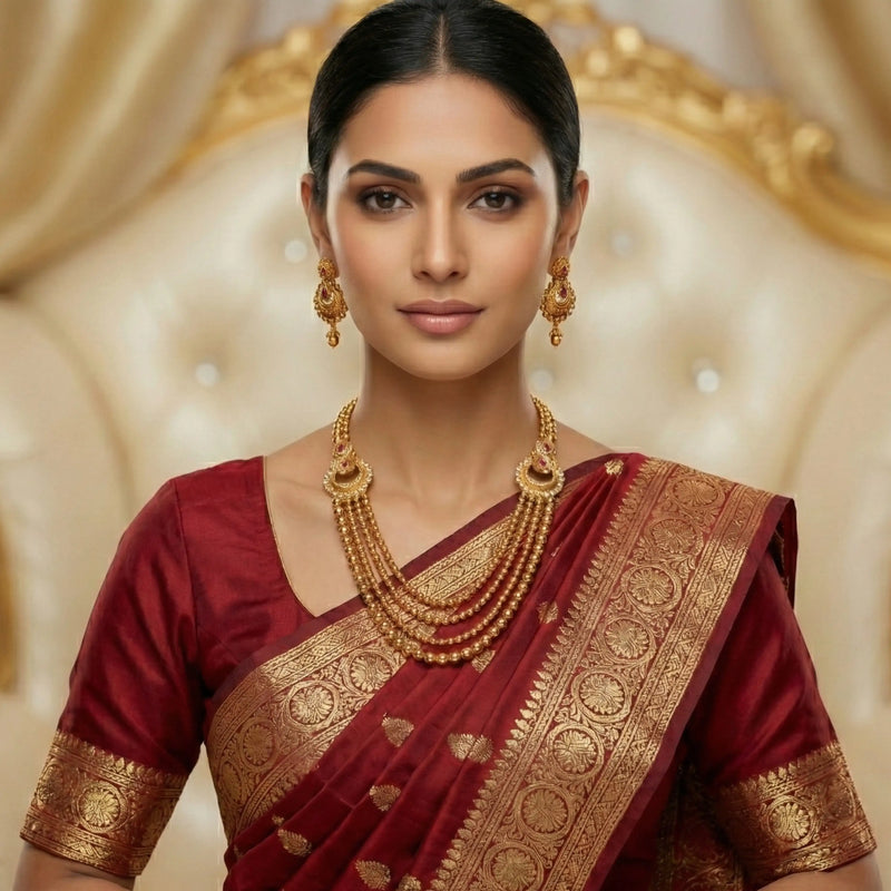 Gold Multi-Layer Bridal Haram Necklace Set with Jhumka Earrings