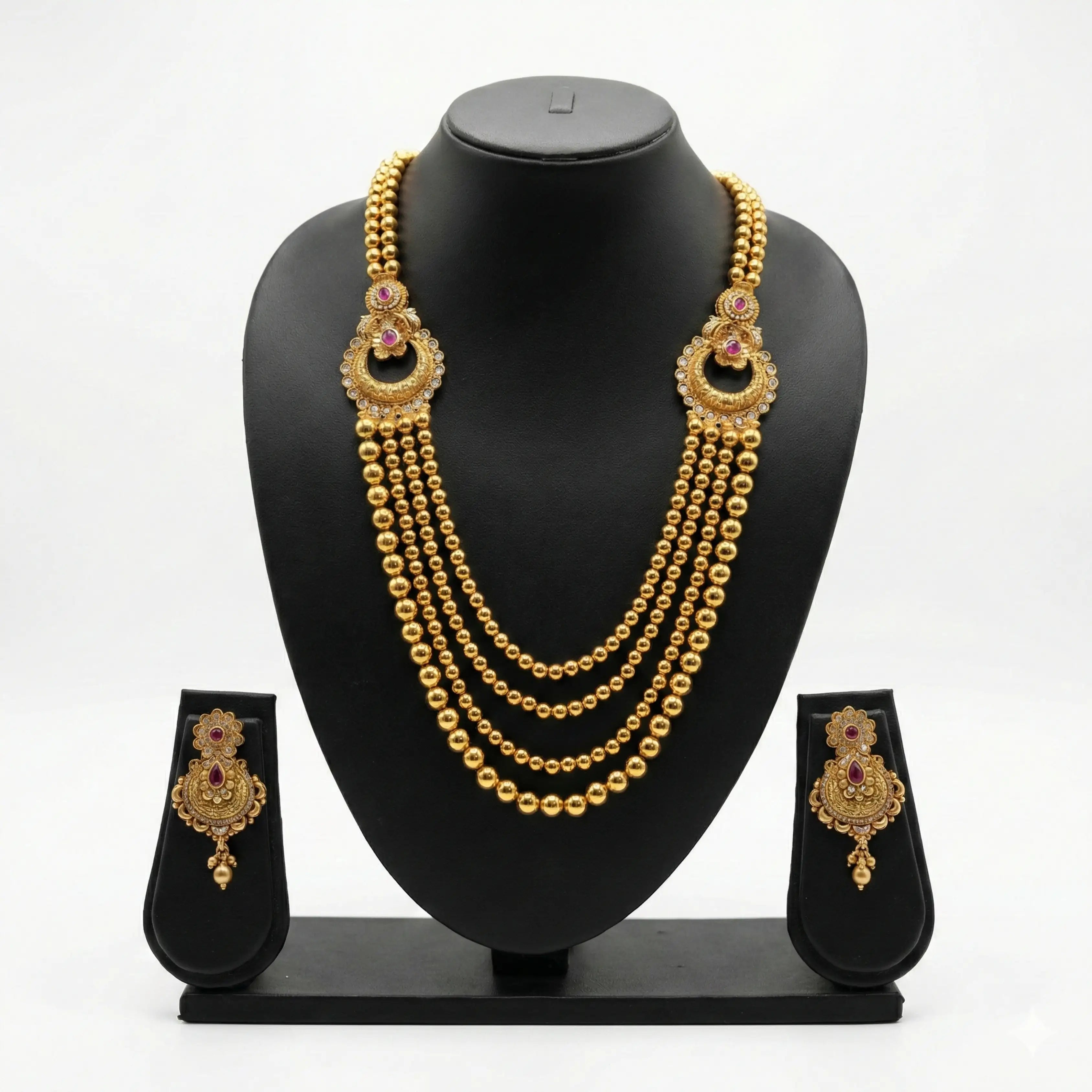 Gold Multi-Layer Bridal Haram Necklace Set with Jhumka Earrings