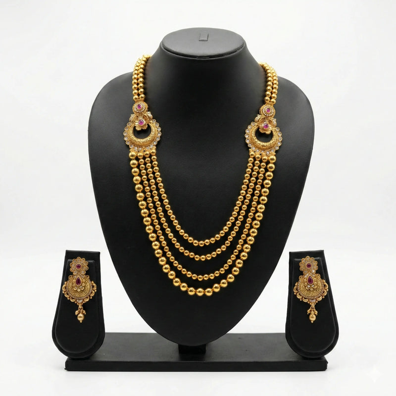 Gold Multi-Layer Bridal Haram Necklace Set with Jhumka Earrings