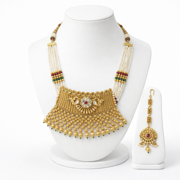 Gold Multi-Strand Rani Haar Necklace Set with Maang Tikka
