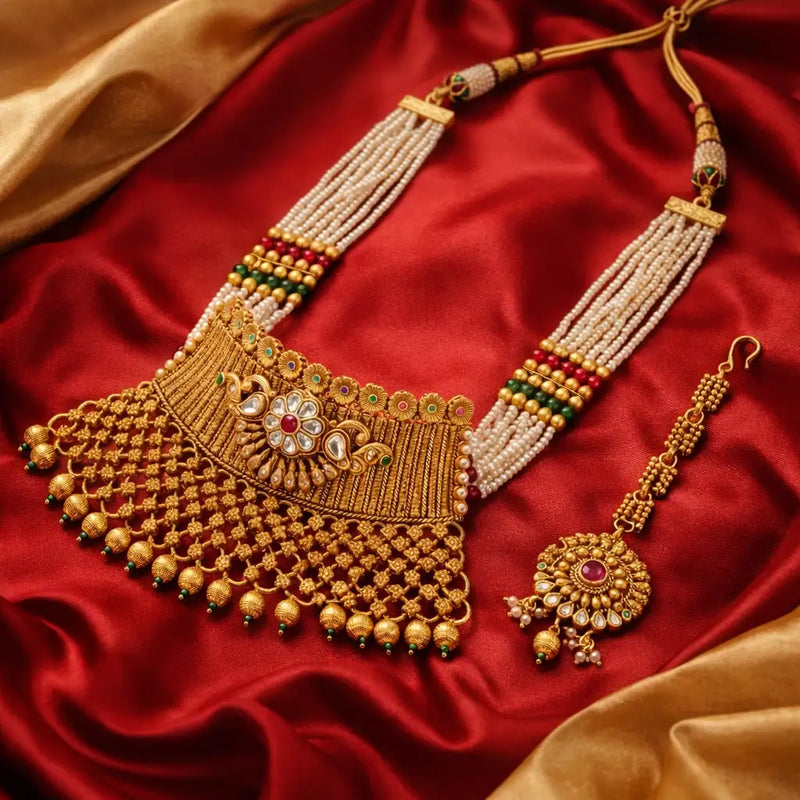 Gold Multi-Strand Rani Haar Necklace Set with Maang Tikka