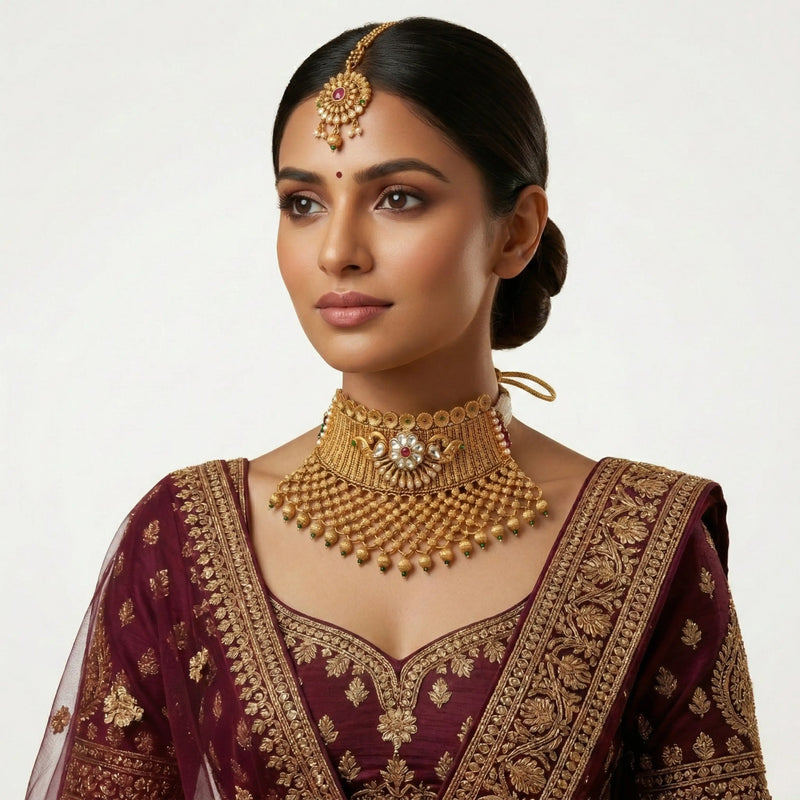 Gold Multi-Strand Rani Haar Necklace Set with Maang Tikka