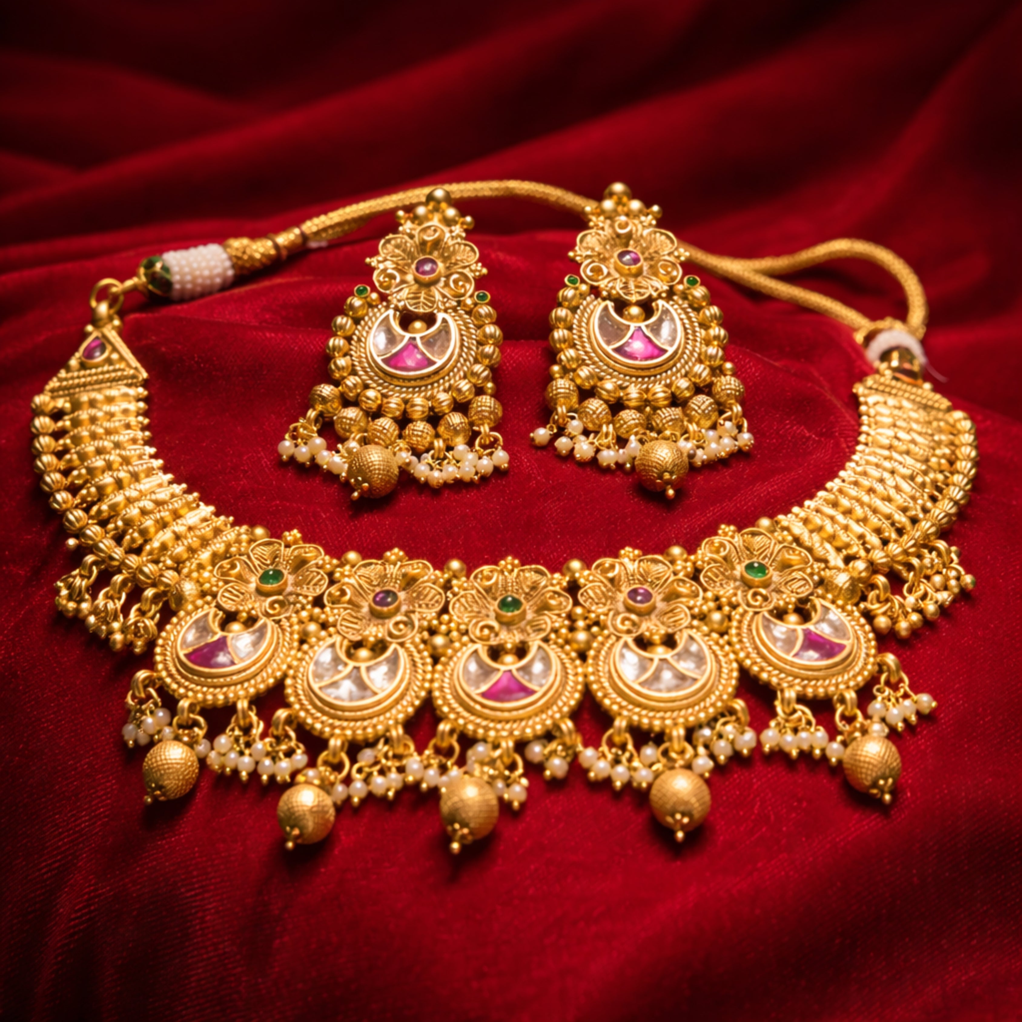 Gold Pink Kundan Necklace Set with Jhumka Earrings