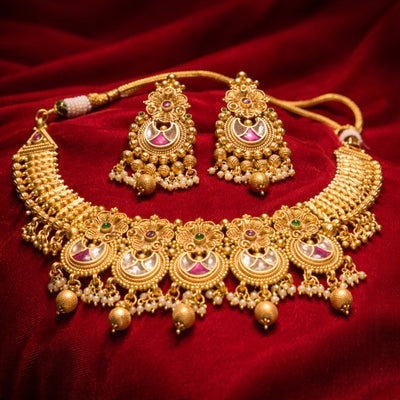 Gold Pink Kundan Necklace Set with Jhumka Earrings