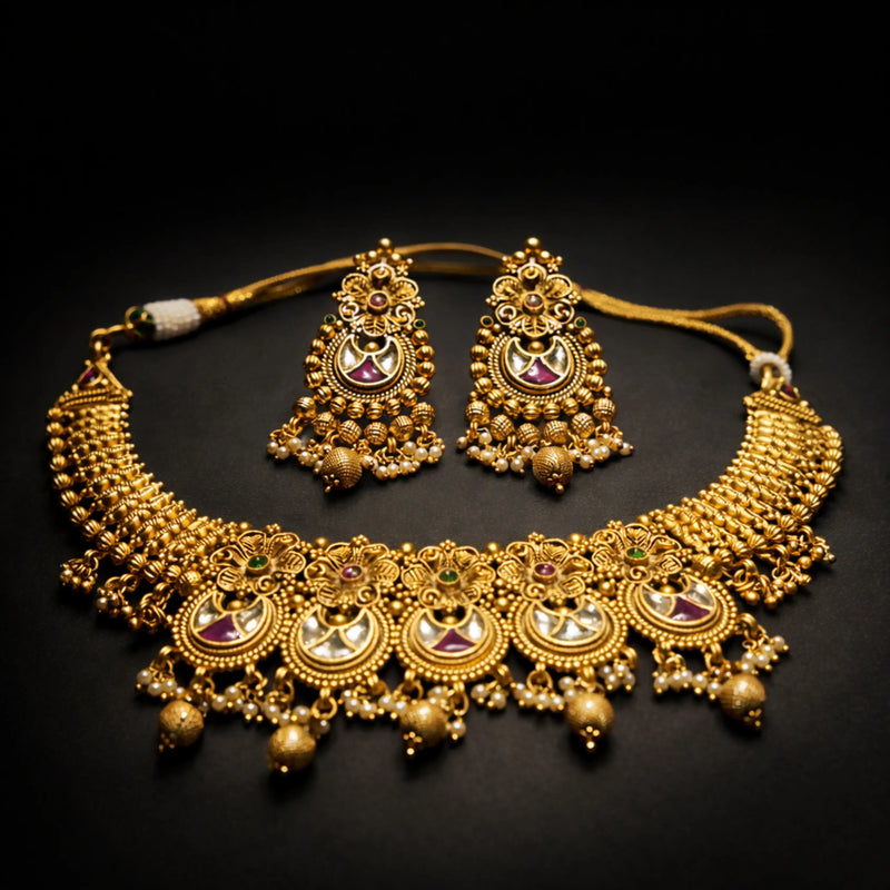 Gold Pink Kundan Necklace Set with Jhumka Earrings