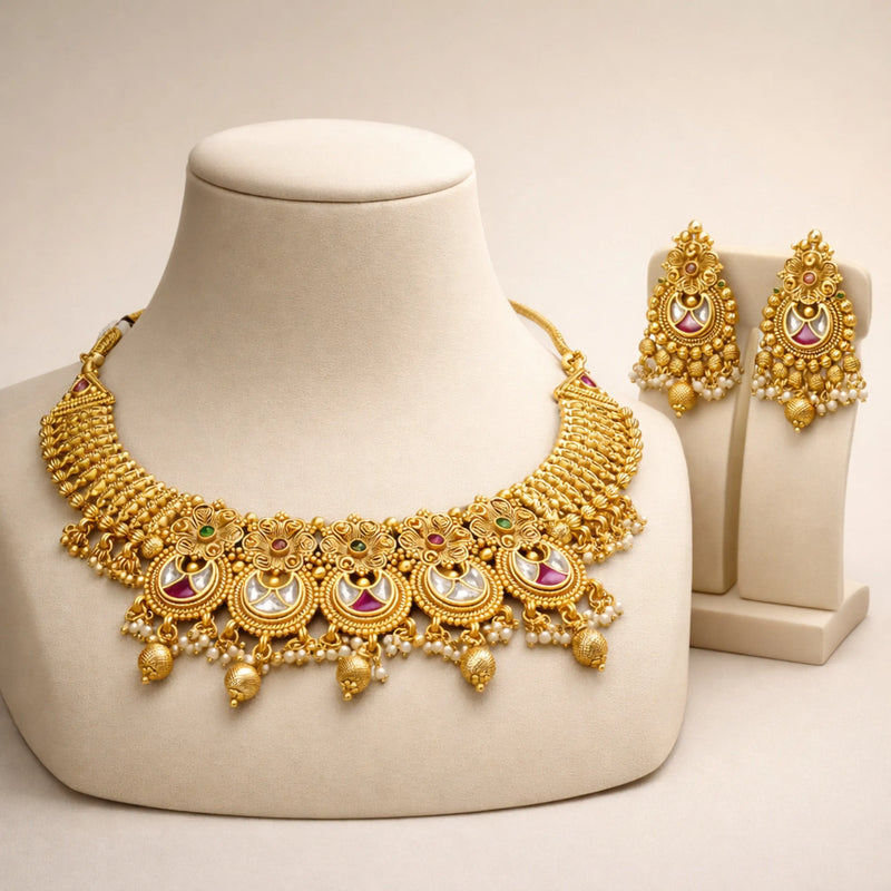 Gold Pink Kundan Necklace Set with Jhumka Earrings