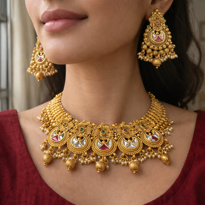 Gold Pink Kundan Necklace Set with Jhumka Earrings