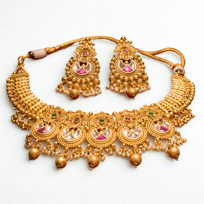 Gold Pink Kundan Necklace Set with Jhumka Earrings