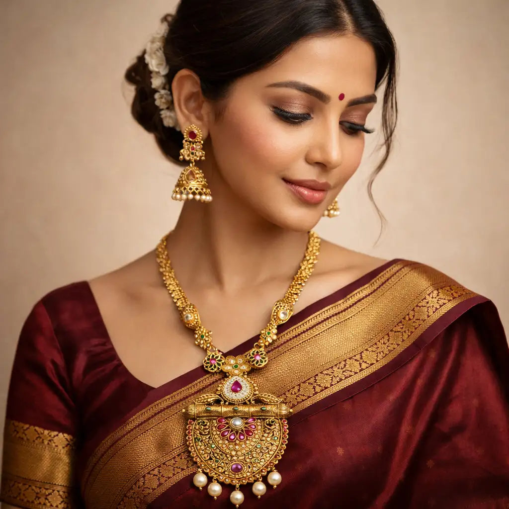 Gold Temple Jewellery Necklace Set with Jhumka Earrings