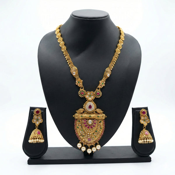 Gold Temple Jewellery Necklace Set with Jhumka Earrings