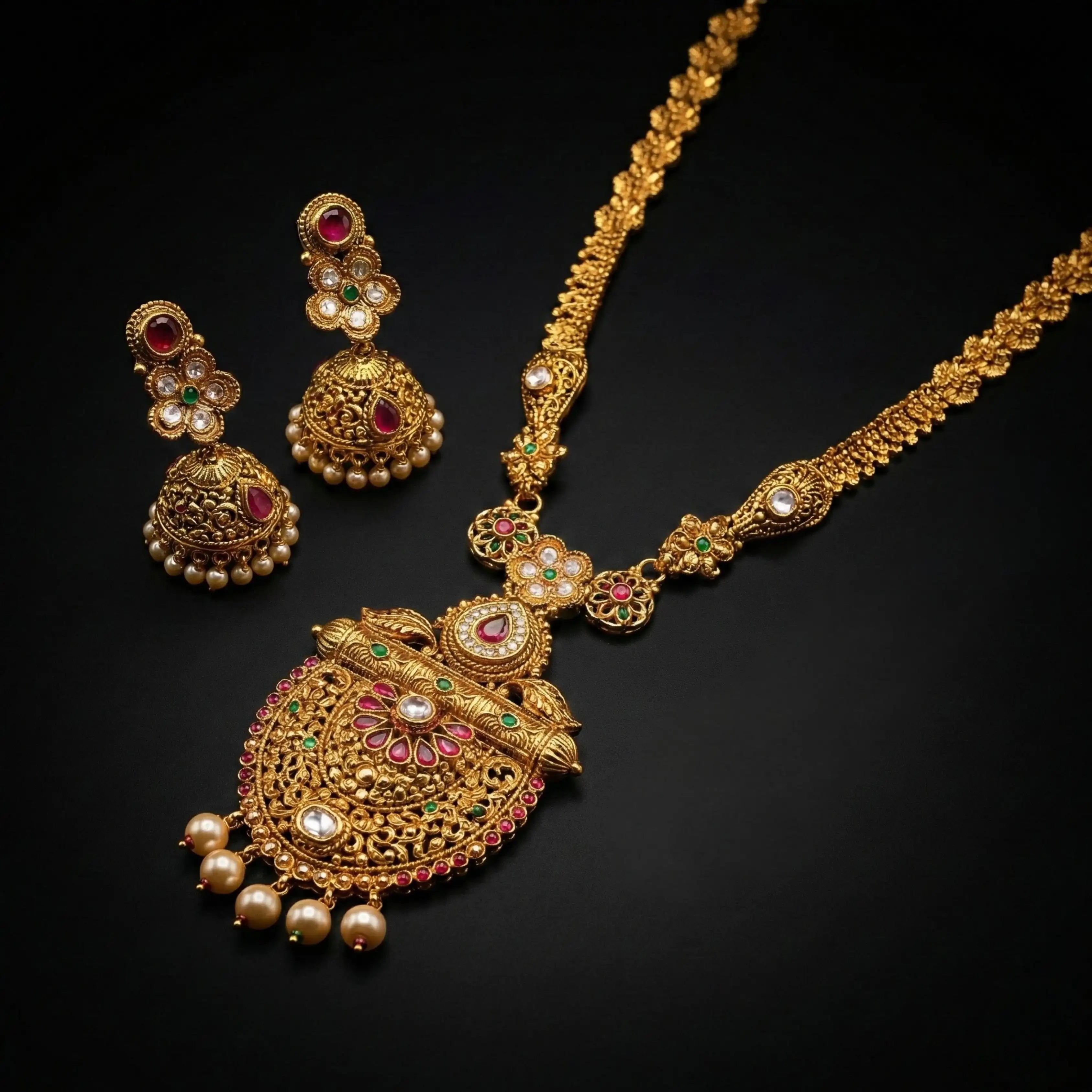 Gold Temple Jewellery Necklace Set with Jhumka Earrings