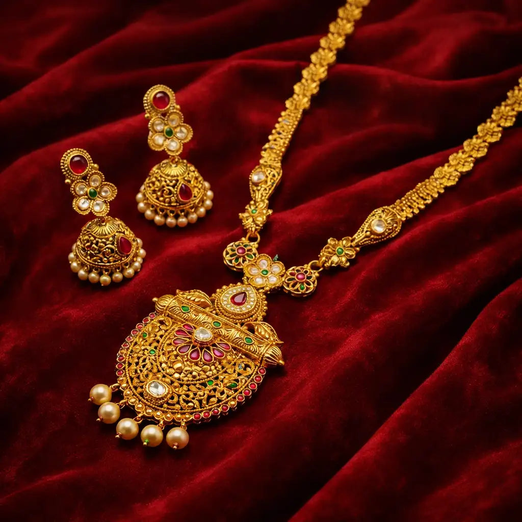 Gold Temple Jewellery Necklace Set with Jhumka Earrings