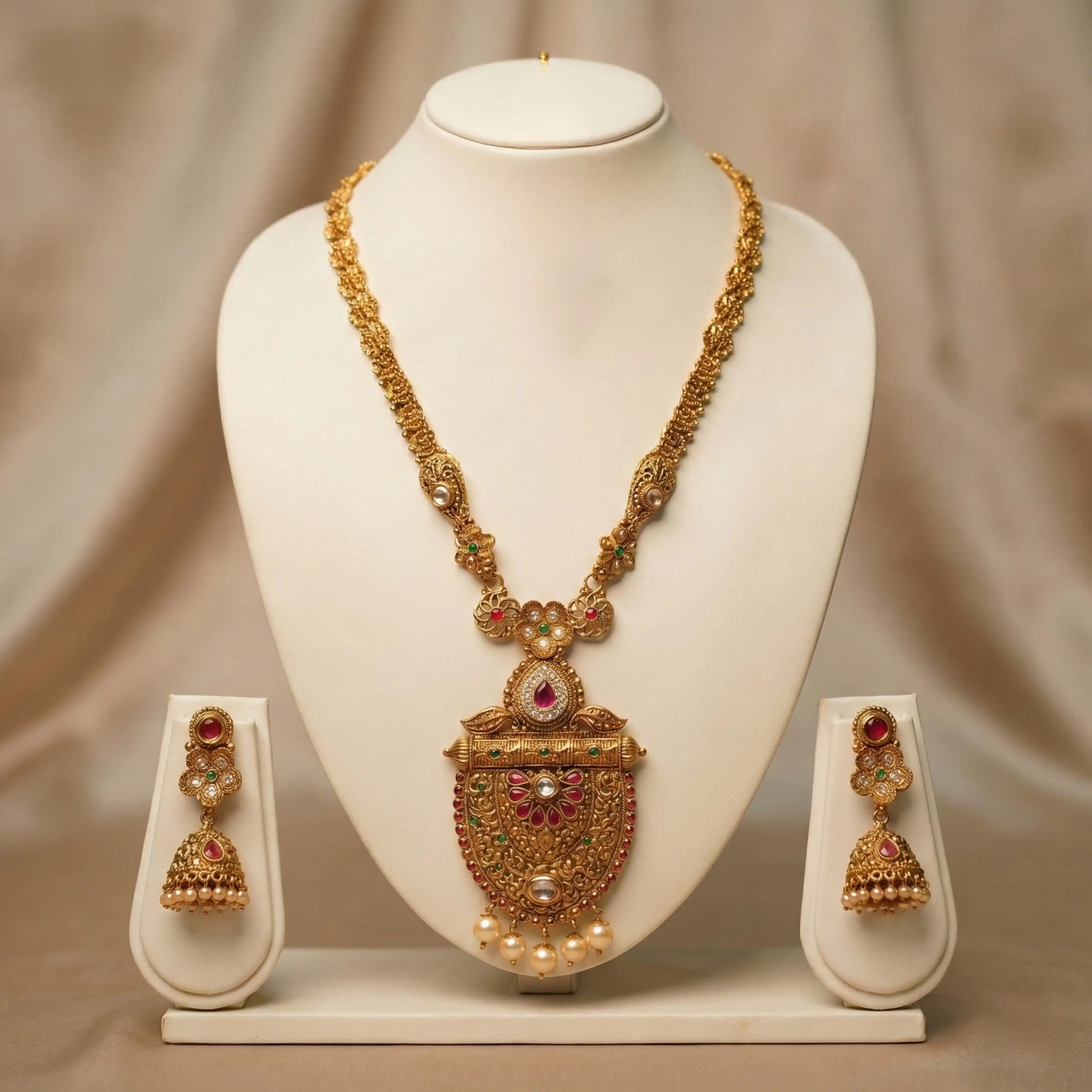 Gold Temple Jewellery Necklace Set with Jhumka Earrings