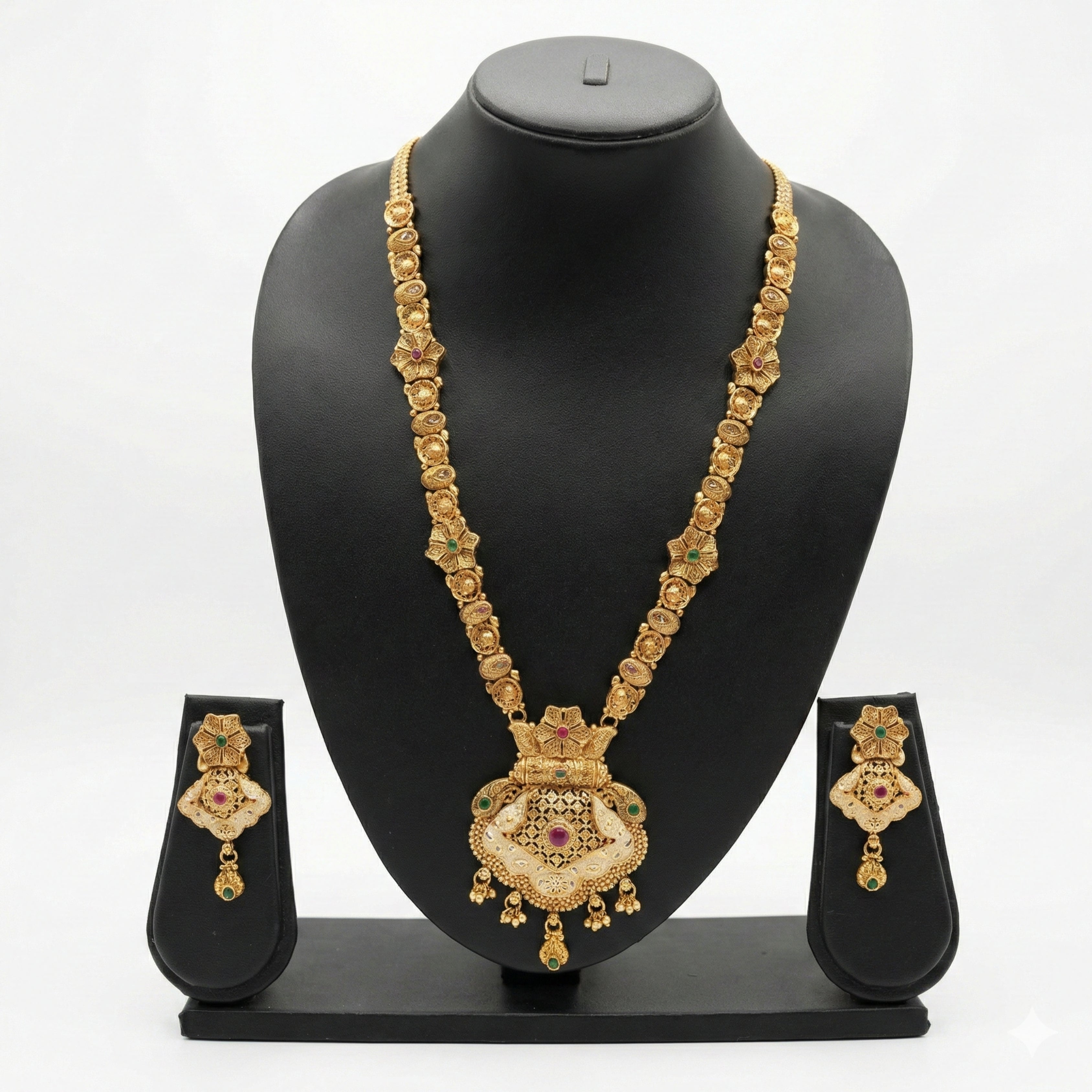 Gold Temple Pendant Long Necklace Set with Earrings