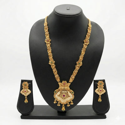 Gold Temple Pendant Long Necklace Set with Earrings