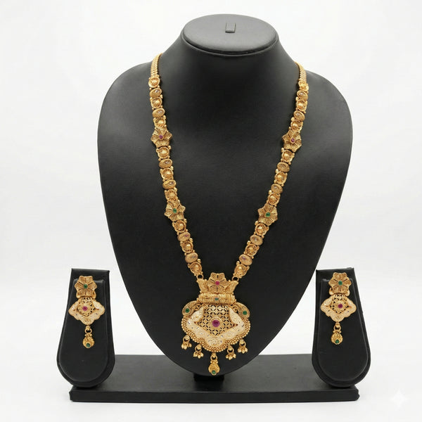 Gold Temple Pendant Long Necklace Set with Earrings