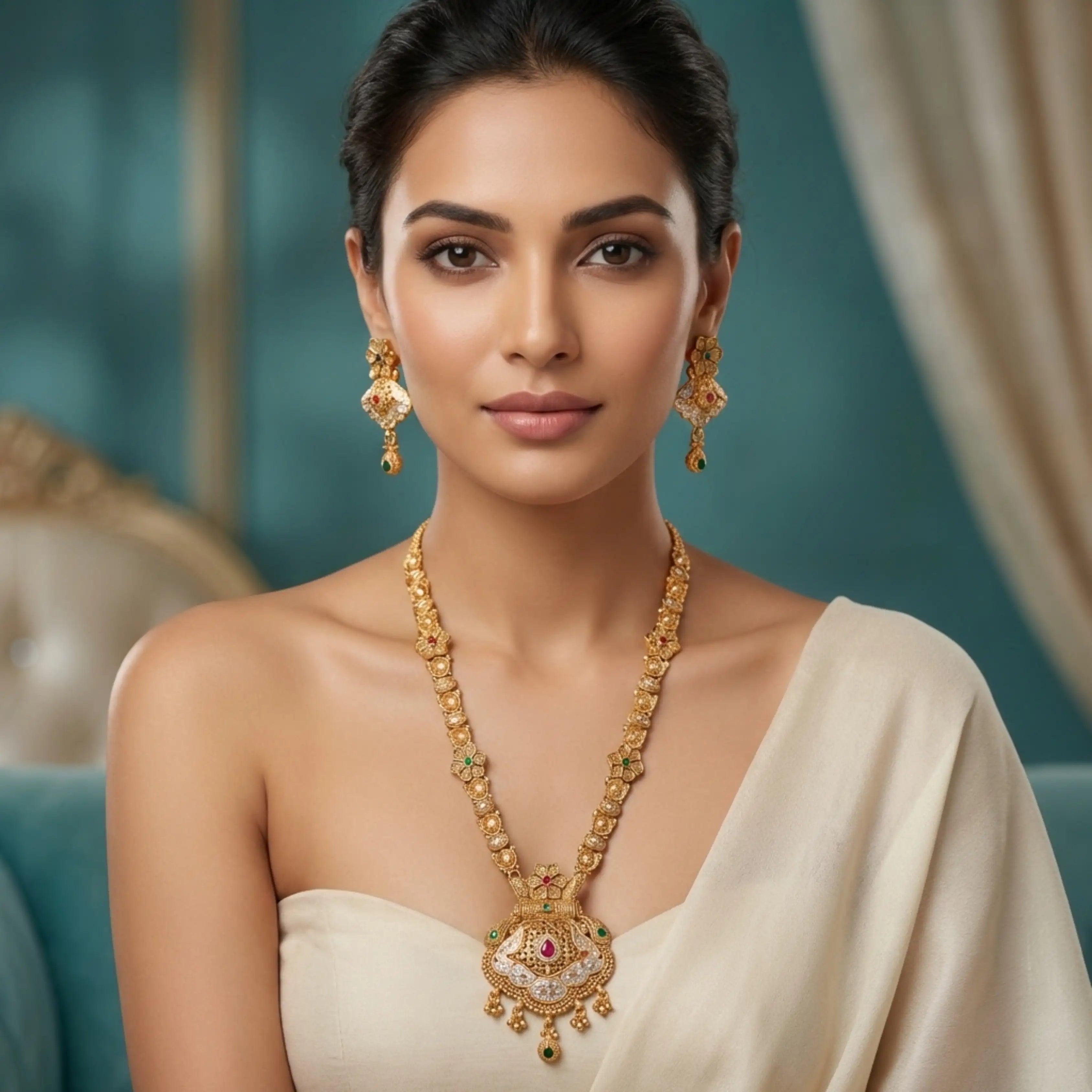 Gold Temple Pendant Long Necklace Set with Earrings