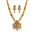 Gold Temple Pendant Long Necklace Set with Earrings