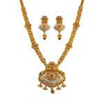 Gold Temple Pendant Long Necklace Set with Earrings