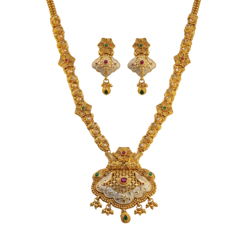 Gold Temple Pendant Long Necklace Set with Earrings