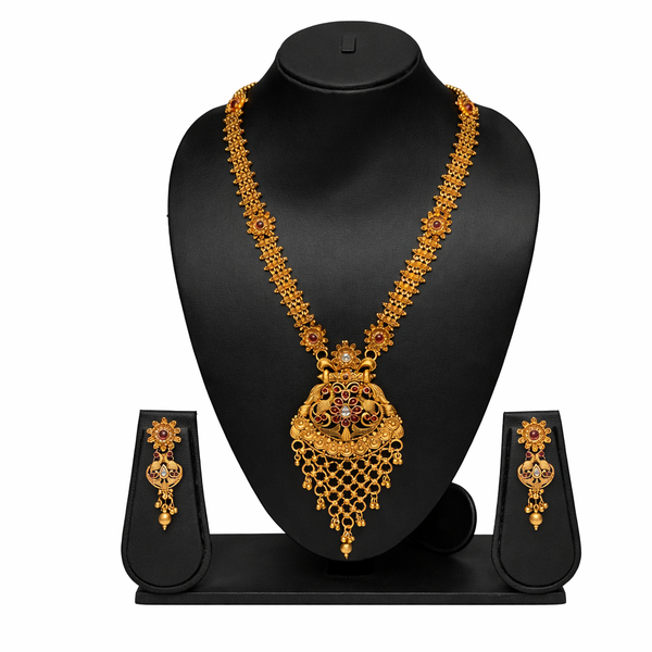 Gold Temple Tassel Long Necklace Set with Earrings