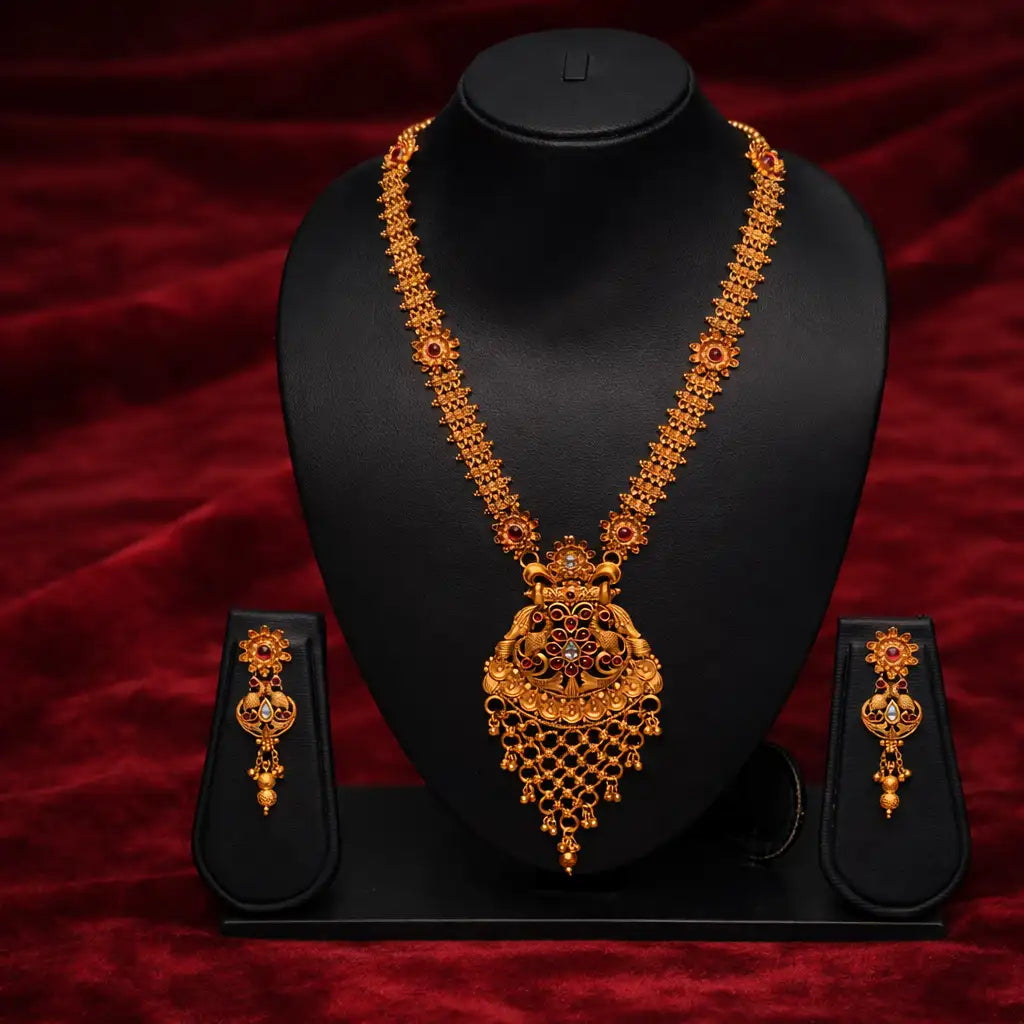 Gold Temple Tassel Long Necklace Set with Earrings